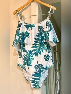Tropical Off-Shoulder One-Piece Swimsuit - Green Leaf Print